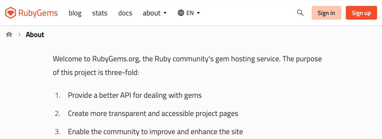 RubyGems.org "About" page, top navigation menu, featuring new design.
